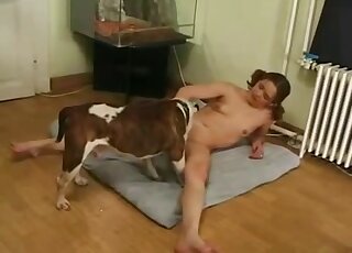 Skinny flexible girl lets this dog eat her out on the floor, it's hot
