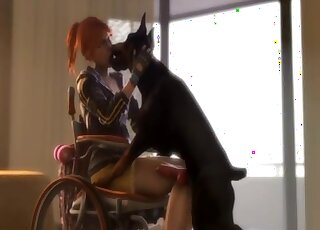 Animated porn - Redhead in a wheelchair makes out with Doberman