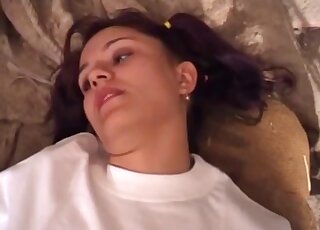 Sweet teen takes fat dog cock deep up her freshly shaved pussy