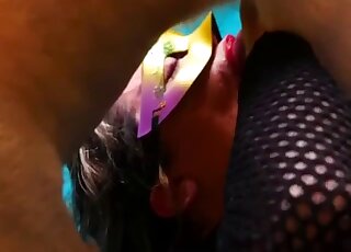 Masked chick in a whorish outfit deepthroating a white dog's dick