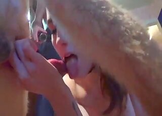Brunette chick licking over that beast's penis after doggystyle fuck