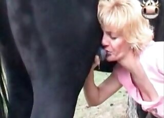 Blond zoophile MILF loves swallowing huge cock of a black horse