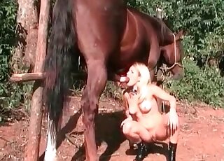 Blonde bimbo blows and rides the cock of her horse in the yard