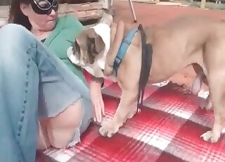 Mature blows her dog’s dong and gives the animal her needy cunt