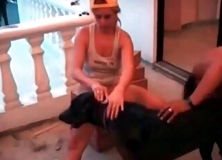 Two naked whores seduce a black big dog in order to start fucking