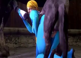 Amazing doggystyle fucking with the Metroid girl and two beasts